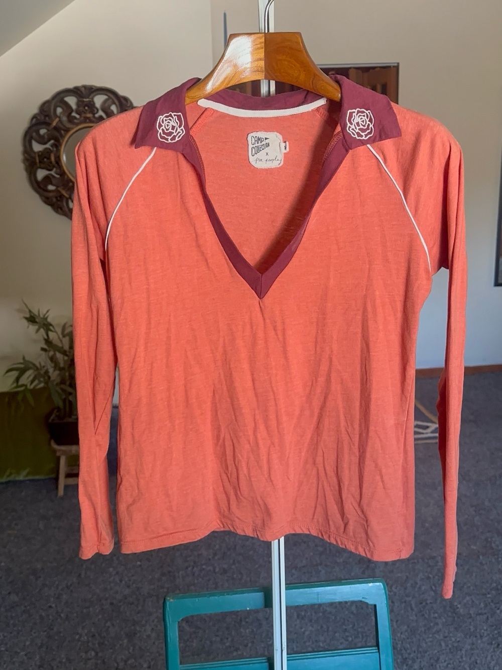 Free People Coral Long Sleeve V-Neck Top with Maroon Collar